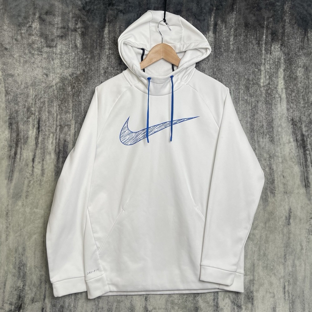Nike Big Center Embroidered Blue Swoosh White Hoodie‎ Sweatshirt Medium